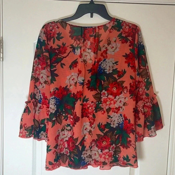 Vintage America Blues Orange Red Floral Pace Bell Sleeve Boho Blouse - Size M - Picture 2 of 5